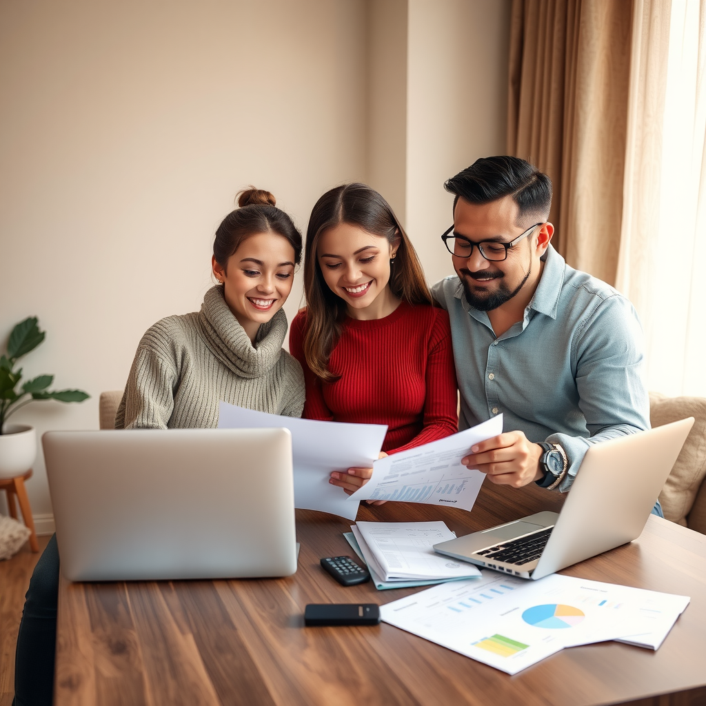 Happy family sitting together at a modern desk reviewing financial documents and planning their future with a laptop, calculator, and paperwork spread out, warm lighting creating a comfortable home office atmosphere