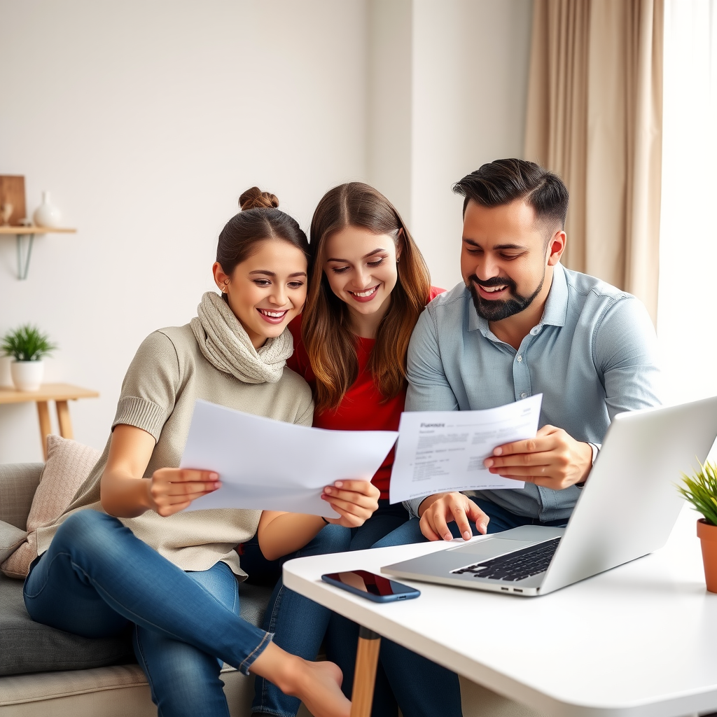 Happy family sitting together at a modern desk reviewing financial documents and using a laptop, smiling and discussing their personal loan options in a bright, comfortable home office setting