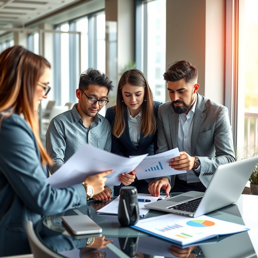 Professional business owners reviewing financial documents and discussing growth strategies in a modern office with glass walls, natural lighting, laptops and financial charts visible on the table, diverse team of entrepreneurs collaborating on business expansion plans