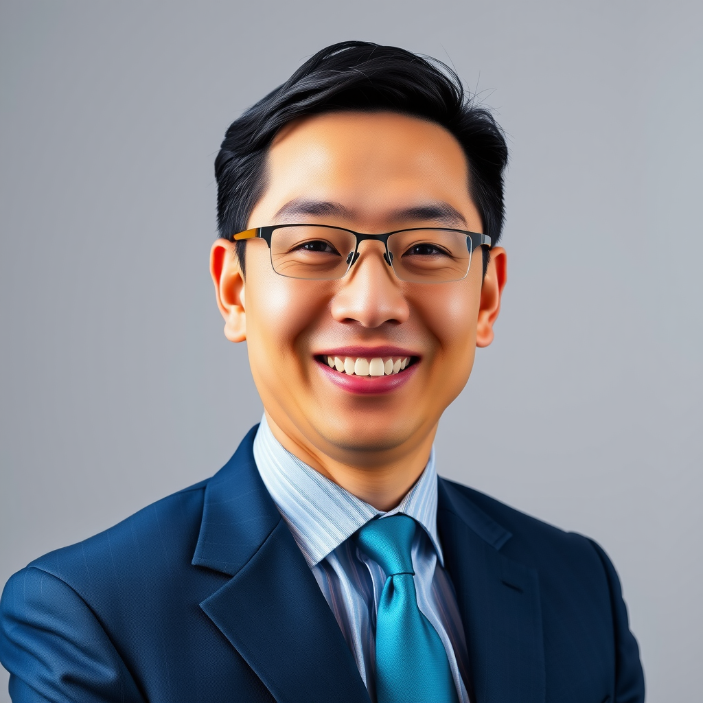 Professional headshot of Marcus Chen, a confident financial advisor in his late 30s wearing a navy blue suit and teal tie, smiling warmly at the camera against a soft grey background