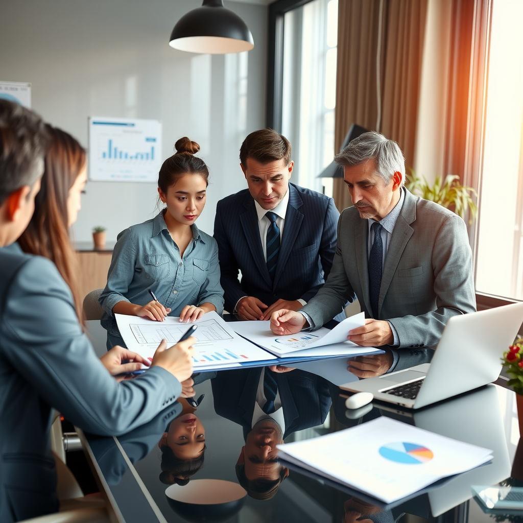 Professional business owners in a contemporary office environment reviewing financial documents and business plans on a conference table, with modern technology and charts visible in the background