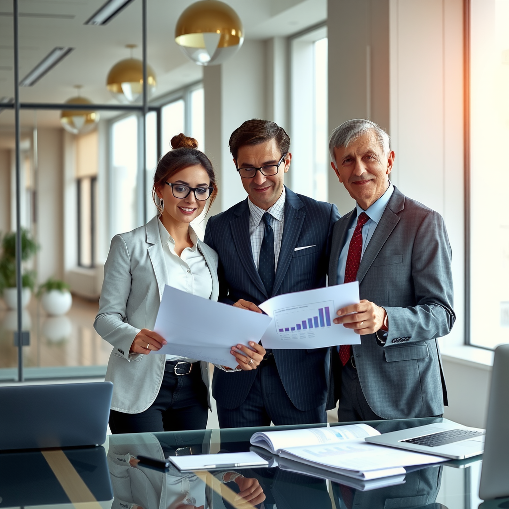 Professional business owners in a contemporary office space reviewing financial documents and business plans together, modern workspace with glass walls, laptops, and charts visible, confident and successful atmosphere