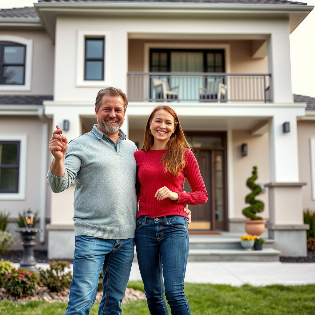 Excited happy homeowners standing in front of a beautiful modern house holding keys, smiling couple celebrating their new home purchase, well-maintained property with landscaped front yard and welcoming entrance